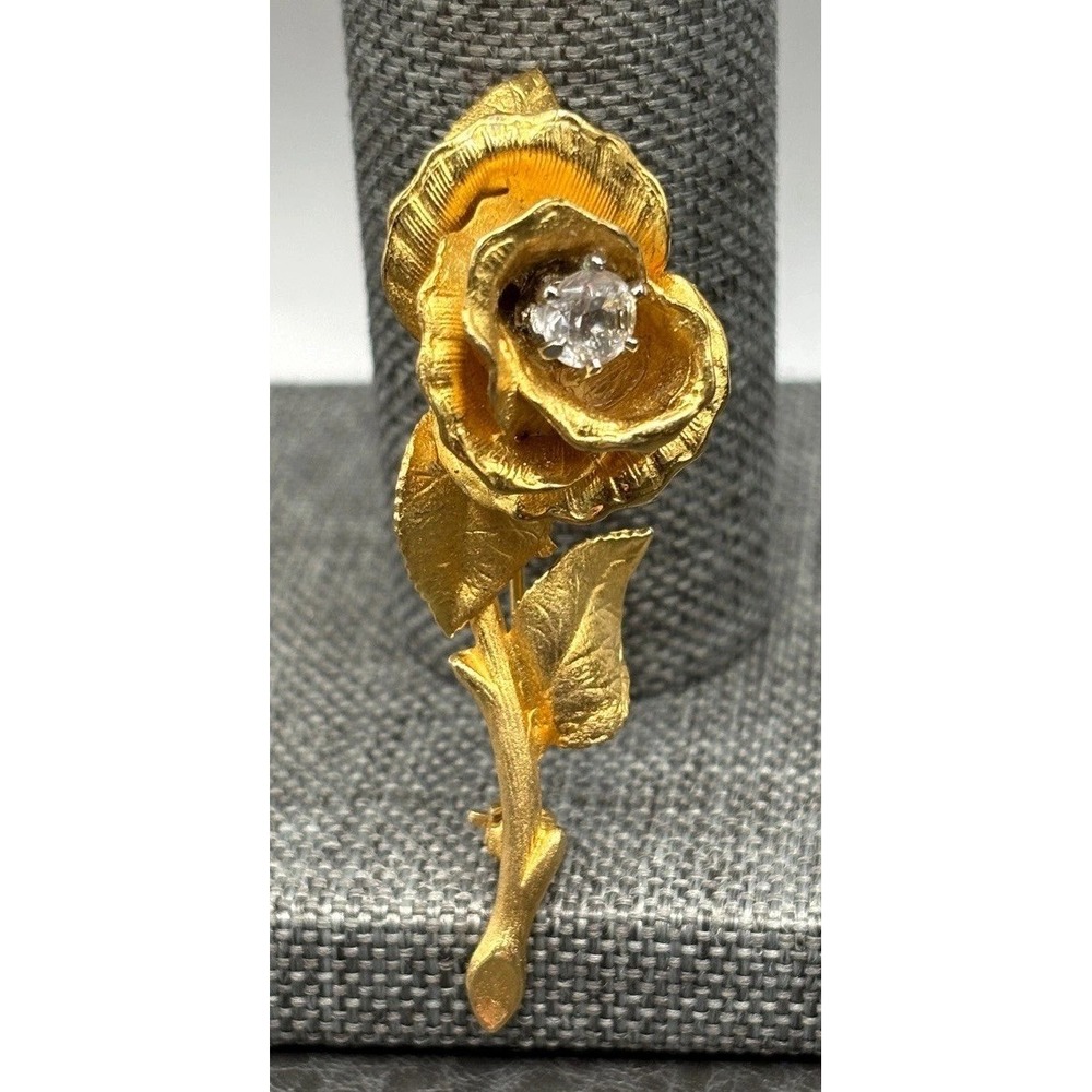Vintage 3D Rose Flower Prong Set Cubic Zirconia Stone Brooch Pin